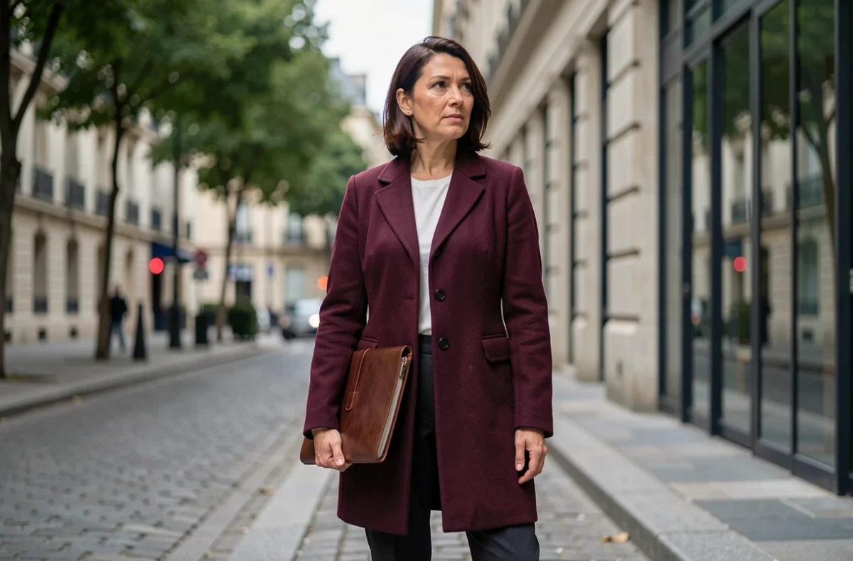 Femme professionnelle devant un bâtiment parisien symbolisant la frontière entre notoriété et intimité