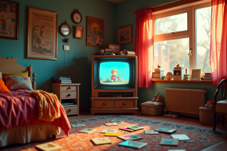 Chambre nostalgique des années 90 avec télévision ancienne