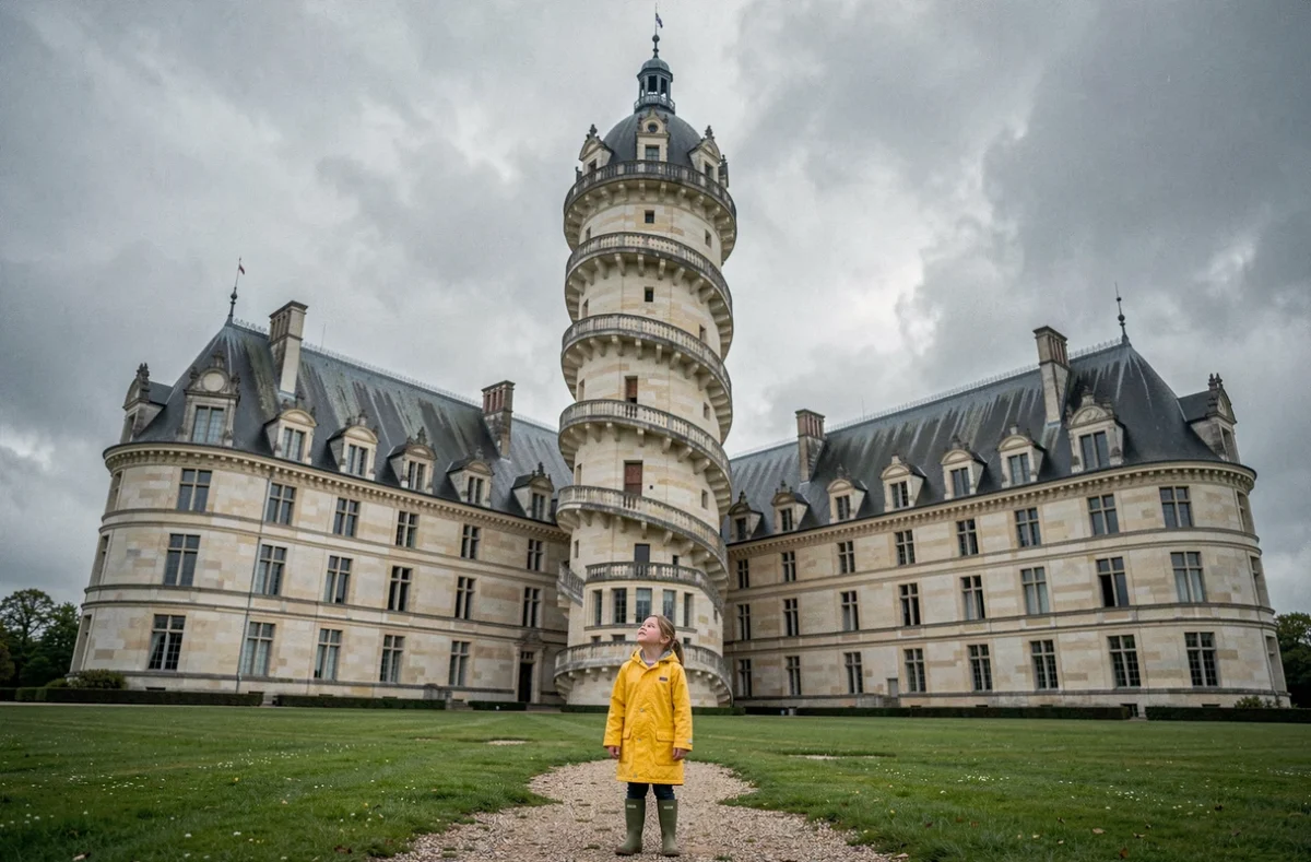 Petite fille admirant l'imposante façade du Château de Chambord