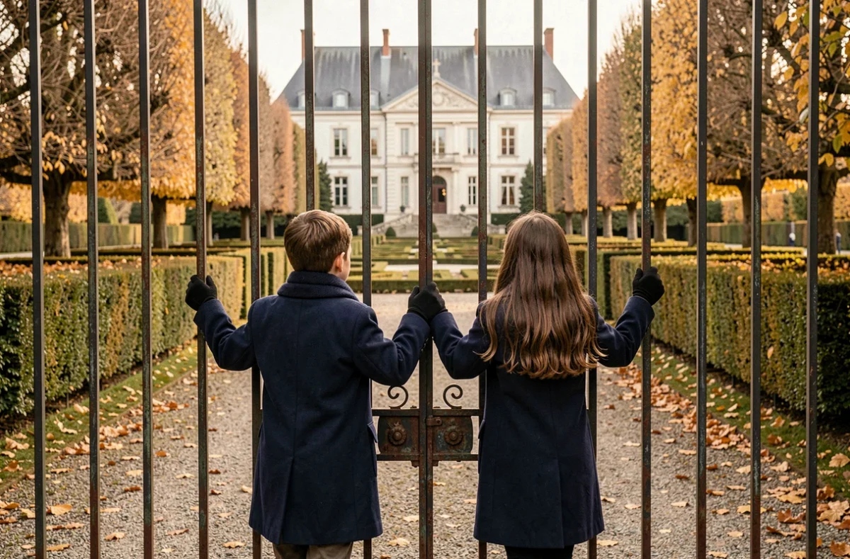 Deux enfants regardant à travers les grilles du Château de Cheverny en automne