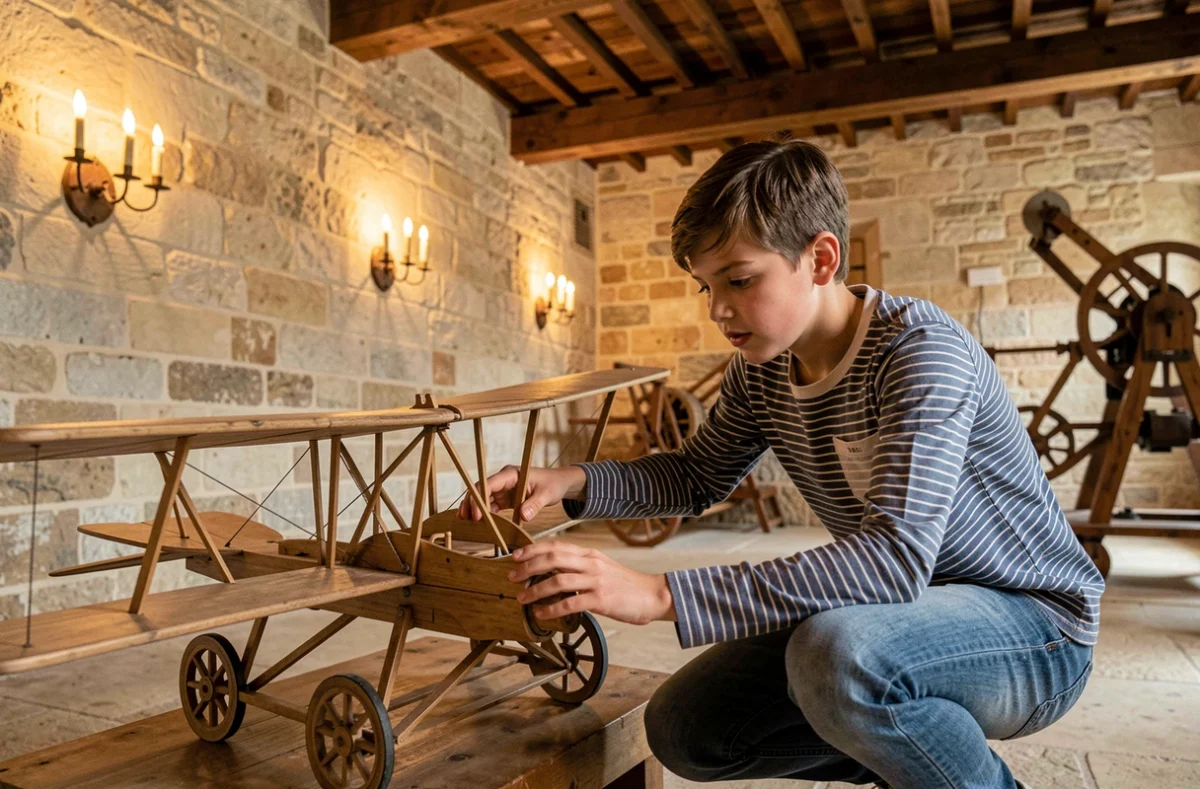 Garçon découvrant une machine de Léonard de Vinci au Château du Clos Lucé