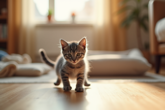 Petit chaton gris explorant un salon cosy pour son arrivée