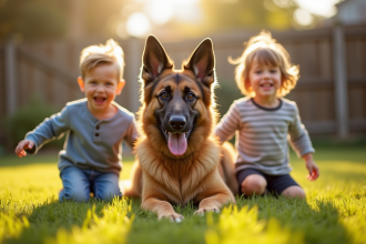 Chien belge jouant avec des enfants dans un jardin ensoleille