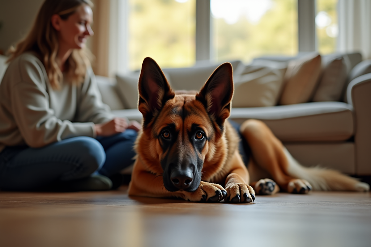 Chien belge reposant au pied d