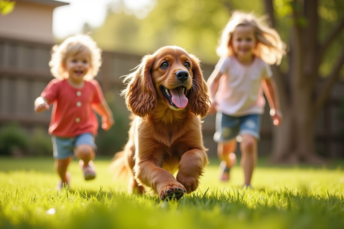 Chien cocker spaniel jouant dans le jardin ensoleille