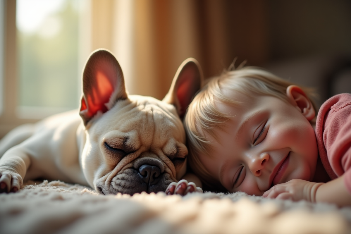 Chiot bouledogue français dormant paisiblement avec un enfant