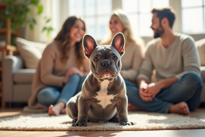 Chiot bulldog français assis sur tapis dans un salon lumineux