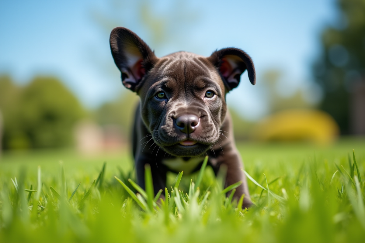 Chiot cane corso jouant dans le jardin vert