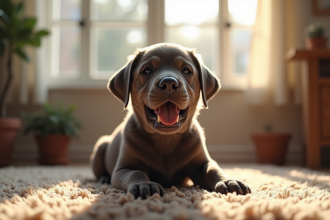 Chiot cane corso assis sur un tapis lumineux