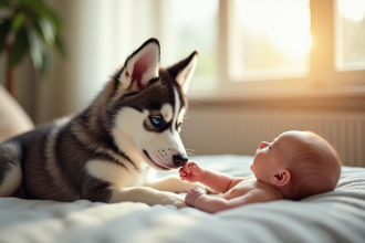 Chiot husky reniflant la main d'un bébé dans un salon lumineux