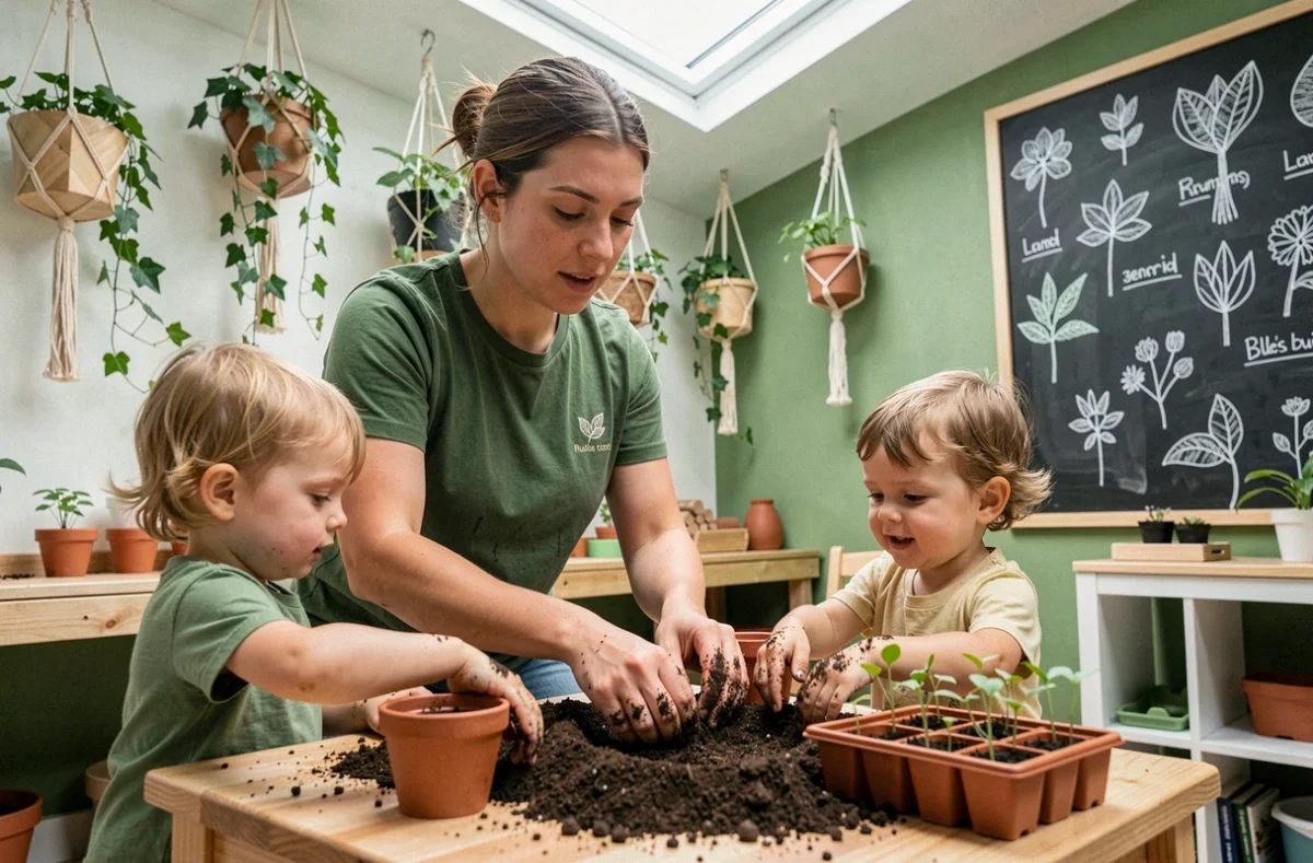 Éducatrice de la micro-crèche Chlorophylle à Lille guidant des enfants dans un atelier jardinage avec des semis dans des pots en terre cuite