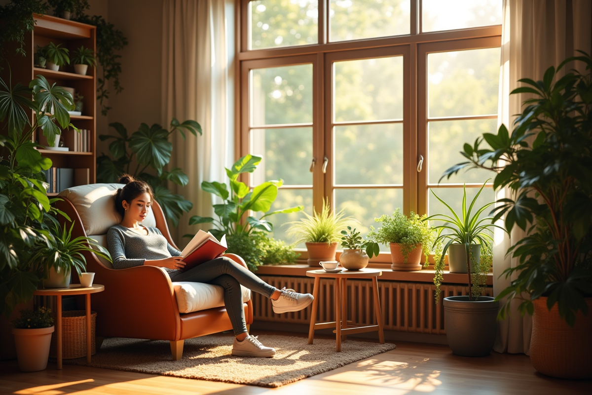 Coin lecture cosy avec fauteuil et plantes en intérieur