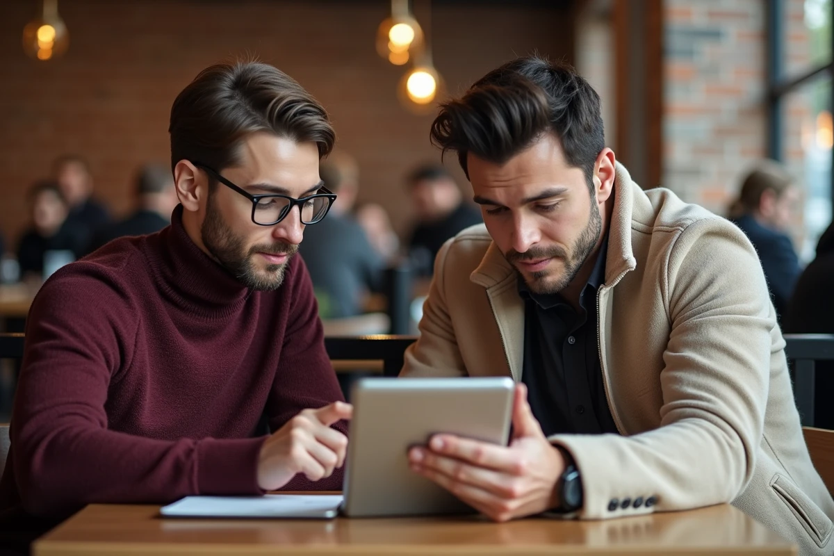 Deux collègues analysant ensemble un article de presse sur une tablette dans un café pour démêler le vrai du faux