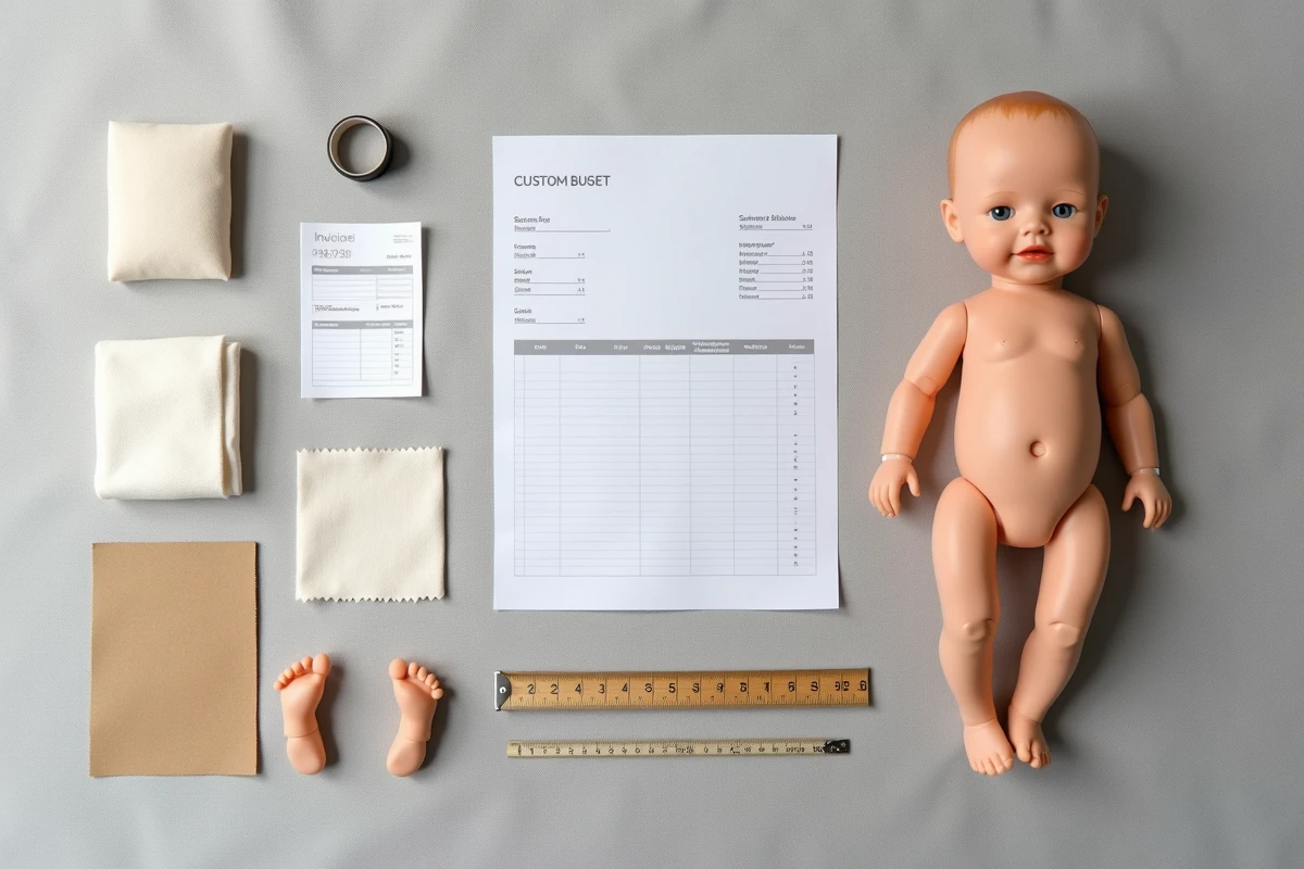 Vue à plat des éléments de commande d'un bébé reborne en silicone sur mesure avec facture, échantillons et formulaire de commande