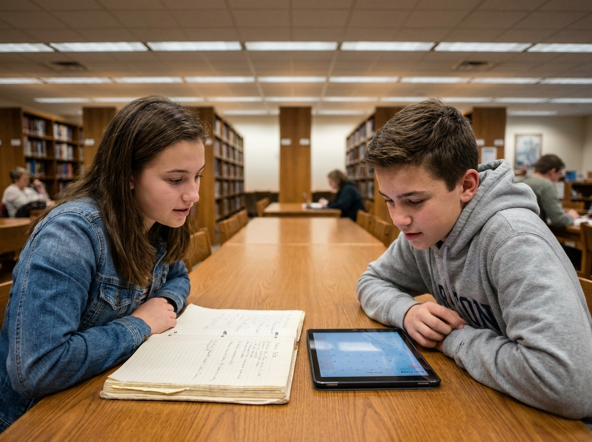 Deux adolescents comparant un agenda papier et une application numérique sur tablette dans une bibliothèque scolaire