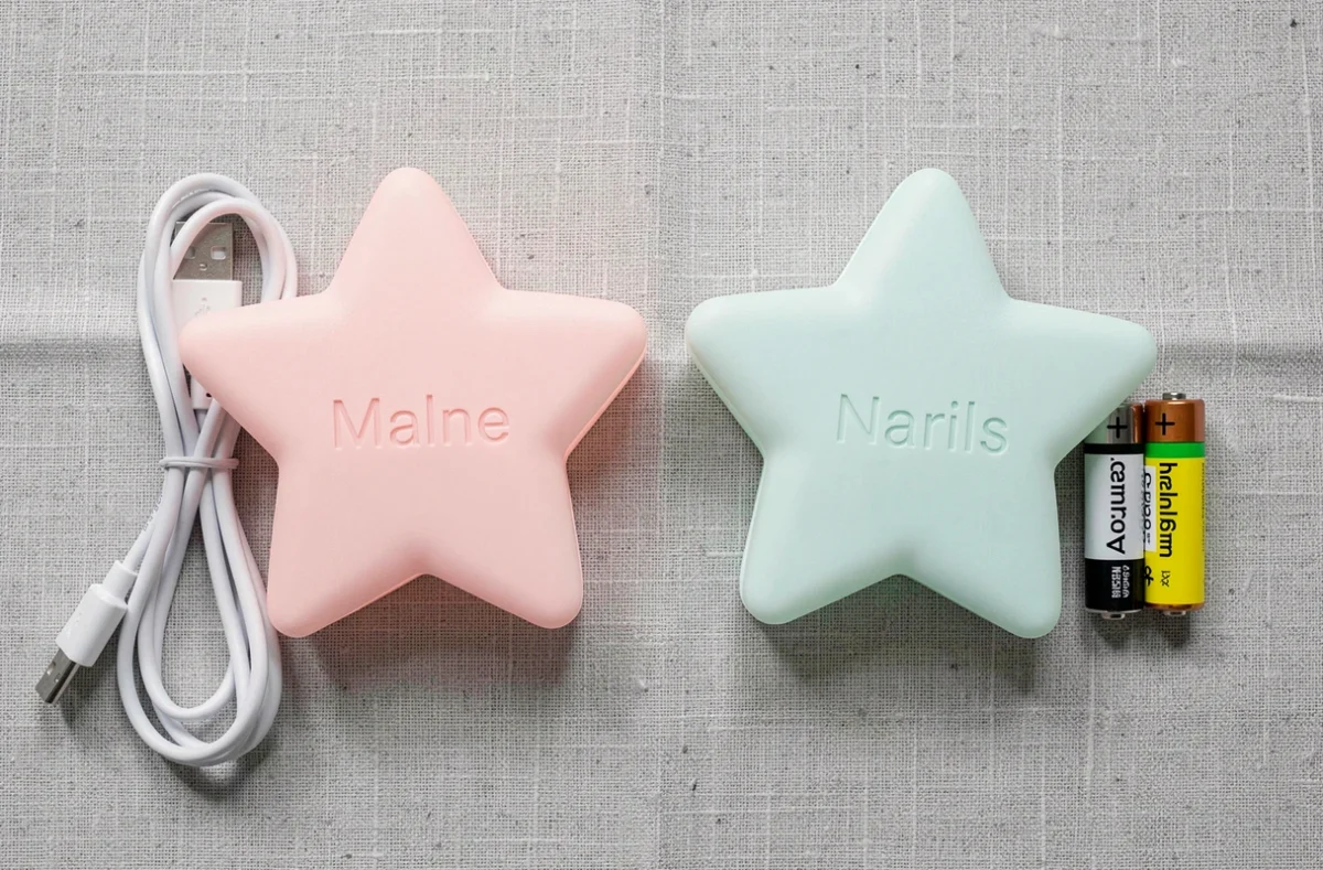Comparaison veilleuse bébé USB et veilleuse sur piles avec câble et batteries posés sur lin gris