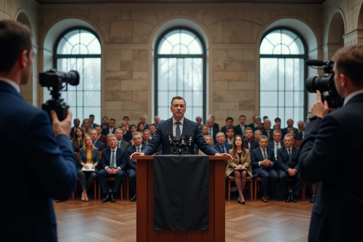 Conférence de presse dans un bâtiment institutionnel avec journalistes et micros, symbole de l'exposition médiatique d'une personnalité politique