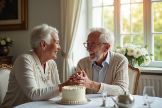 Couple d'anciens souriants lors d'une célébration avec gâteau et décoration platine