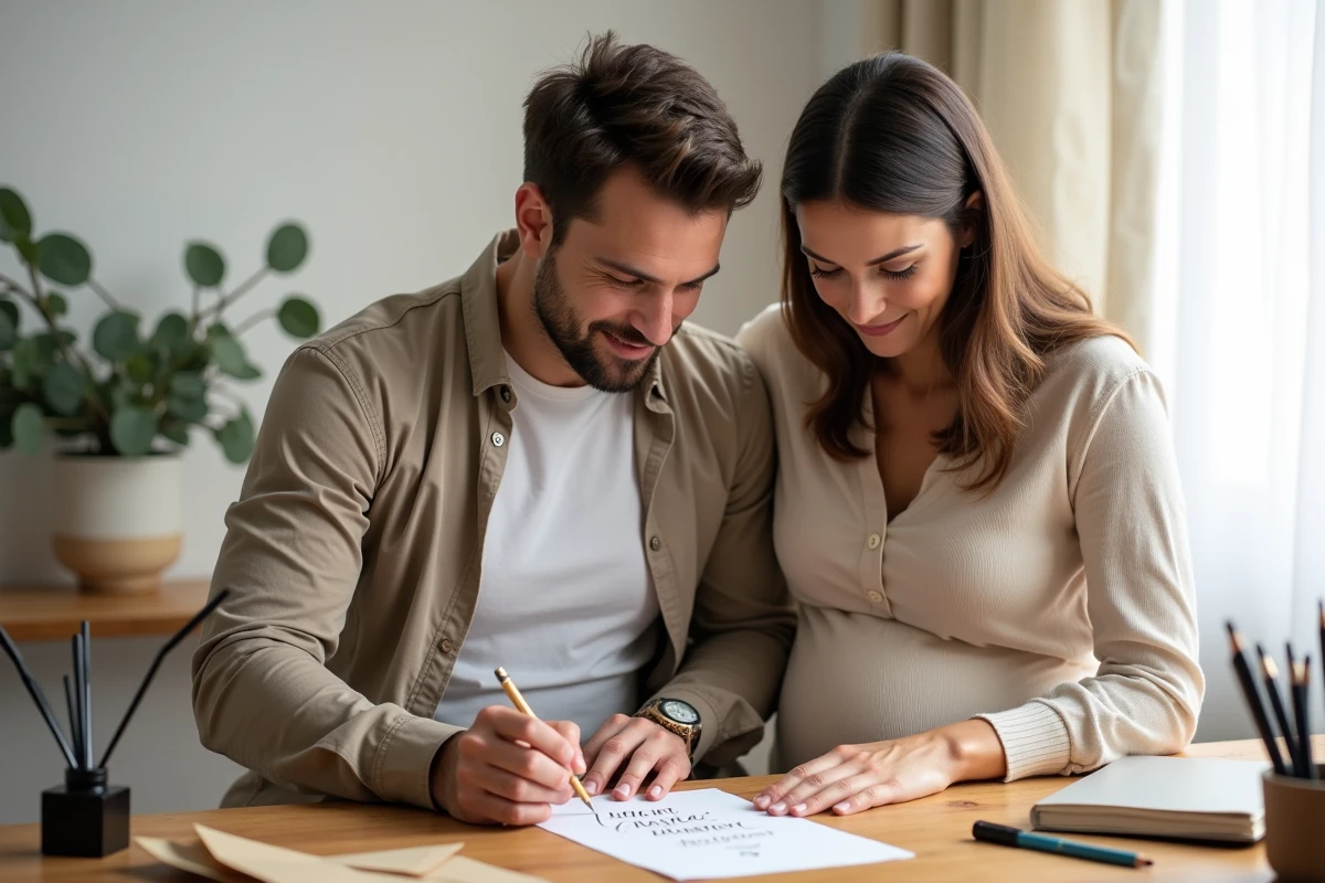 Couple écrivant ensemble une carte manuscrite pour annoncer leur grossesse à la famille, entourés de matériel de calligraphie sur un bureau en bois