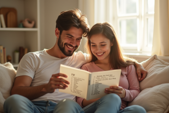 Jeune couple dans une nurserie lumineuse et chaleureuse