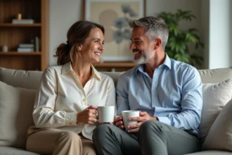 Couple détendu dans un salon cosy avec tasses de café