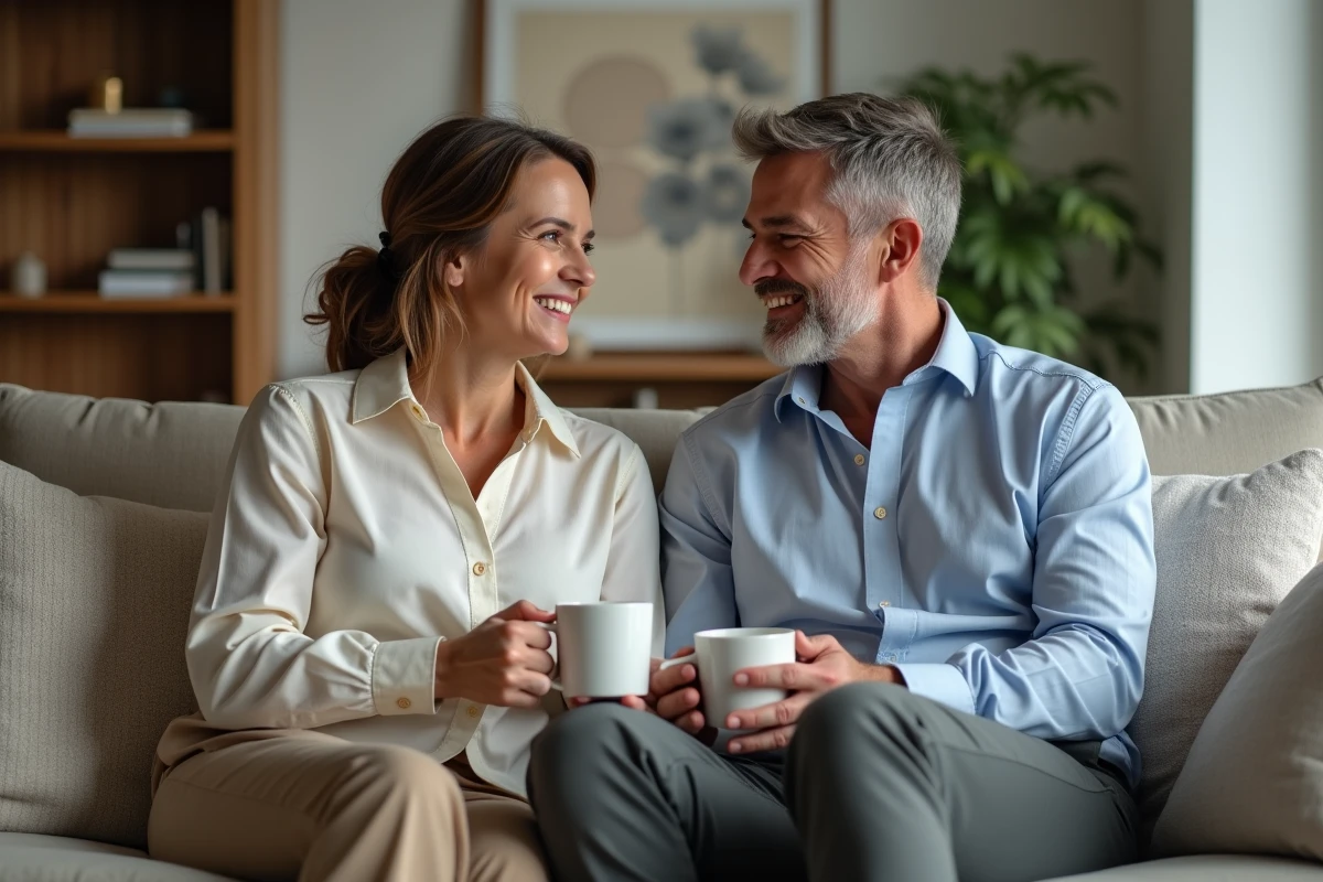 Couple détendu dans un salon cosy avec tasses de café