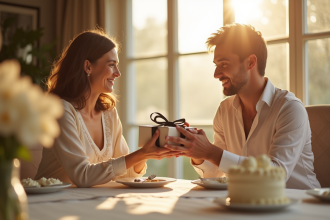 Couple souriant échangeant des cadeaux élégants lors d'un dîner romantique