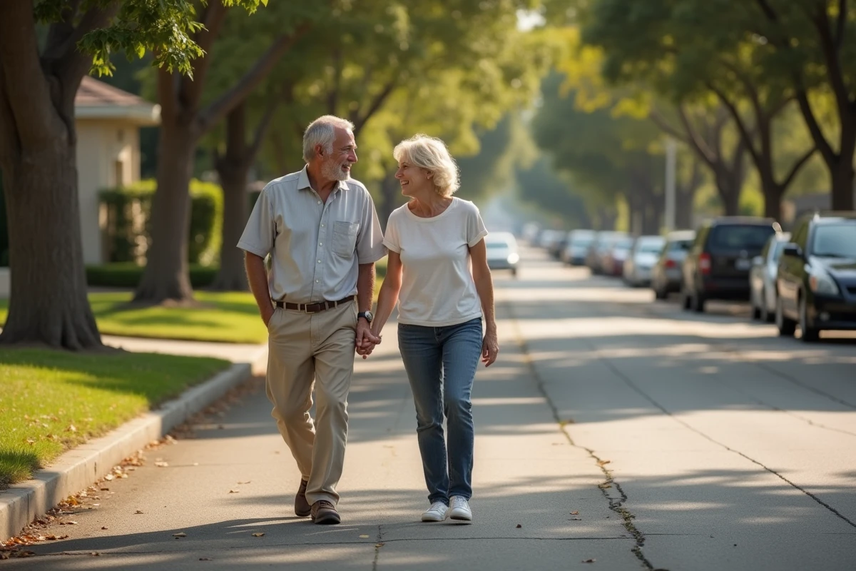Couple complice se promenant dans une rue résidentielle tranquille, incarnant une vie familiale ordinaire loin de la célébrité