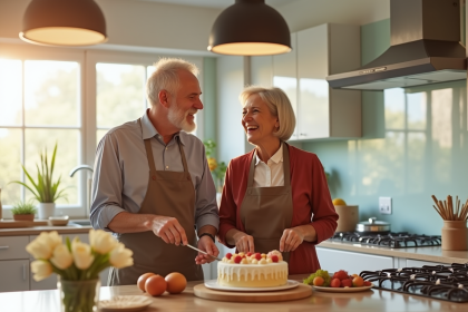 Couple souriant en cuisine pour un anniversaire
