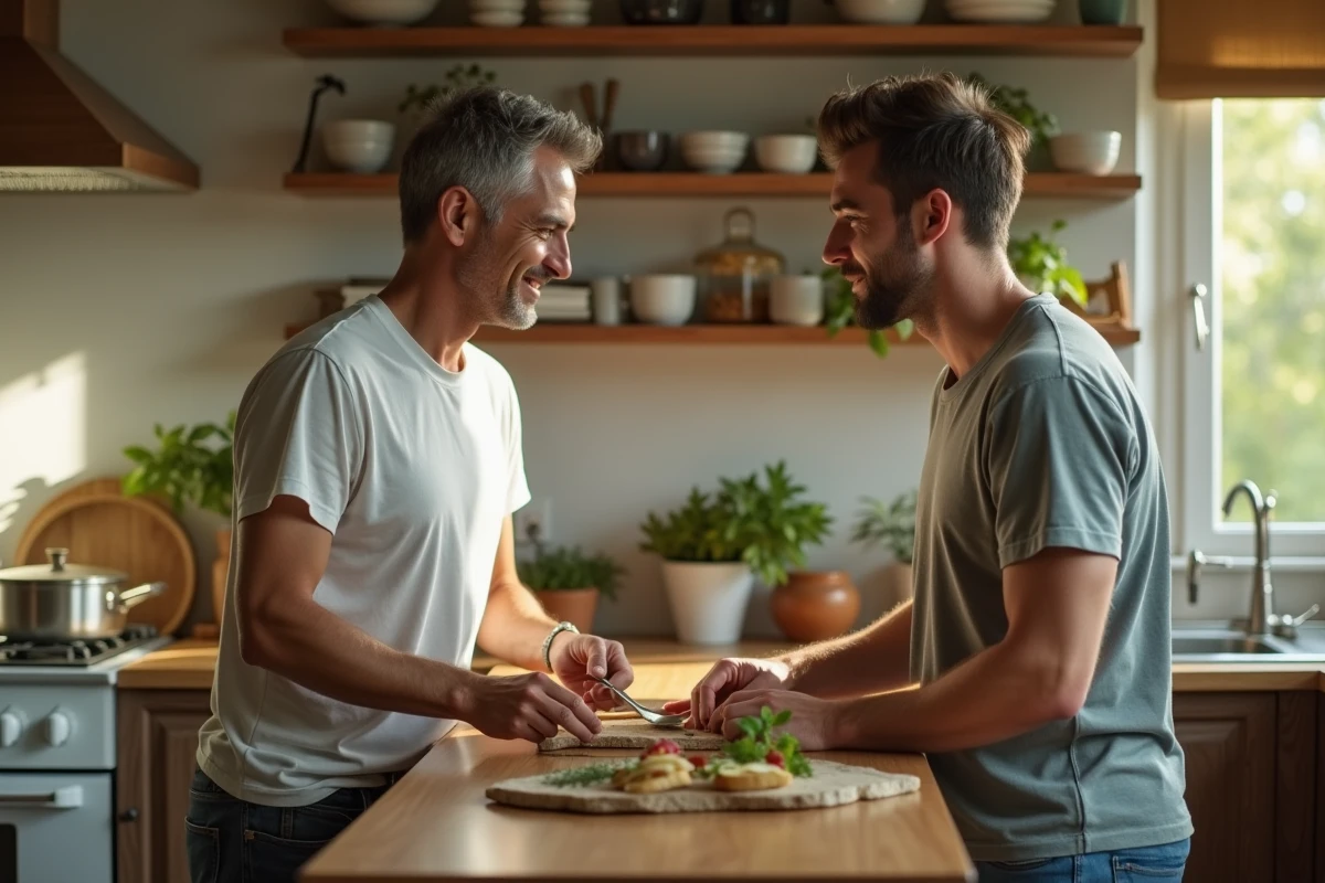 Deux hommes dans une cuisine familiale moderne préparant un repas ensemble au quotidien