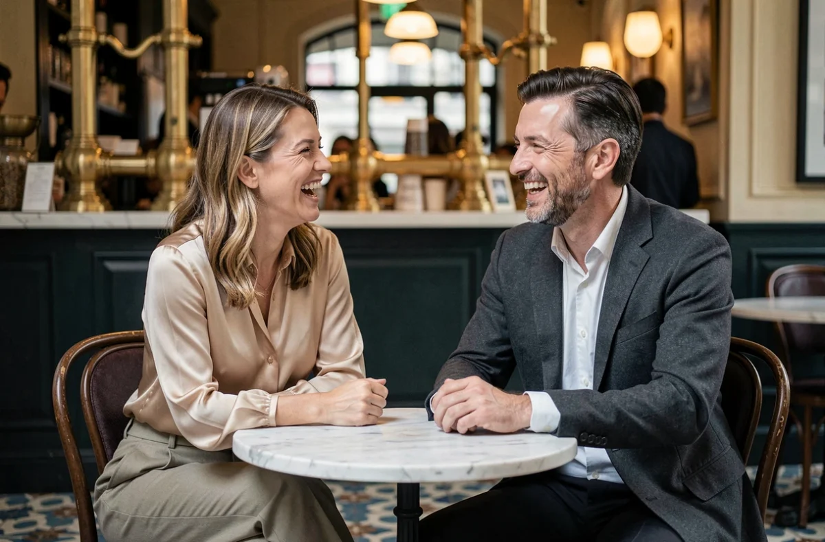Couple élégant riant ensemble à la terrasse d'une brasserie parisienne, ambiance chaleureuse et décontractée dans un cadre vintage