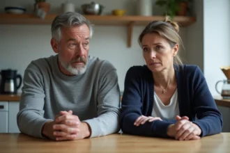 Couple en crise assis à distance l'un de l'autre dans une cuisine française, illustrant la tension conjugale et le divorce