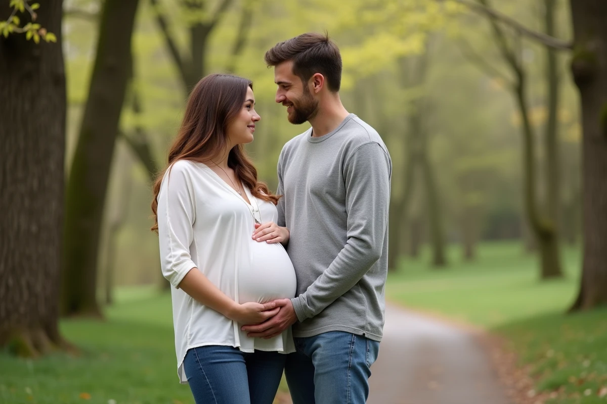 Couple enceinte dans un parc avec bola en montrant le pendentif