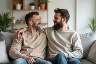 Couple de deux hommes souriants assis ensemble dans un salon familial moderne et chaleureux