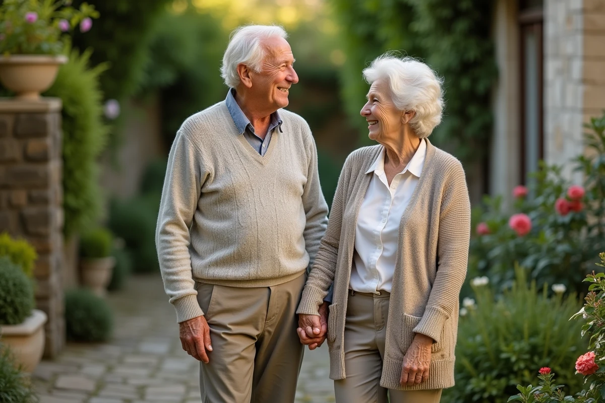 Couple âgé dans un jardin ensoleille avec des sourires chaleureux