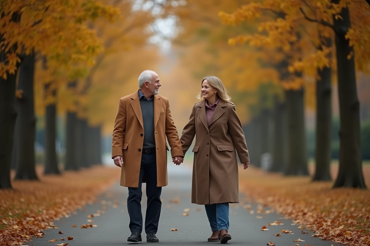 Homme tenant la main d'une personne hors champ dans un parc en automne, symbolisant l'intimité de couple préservée