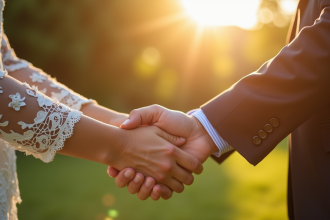 Couple mature échangeant leurs vœux dans un jardin ensoleille