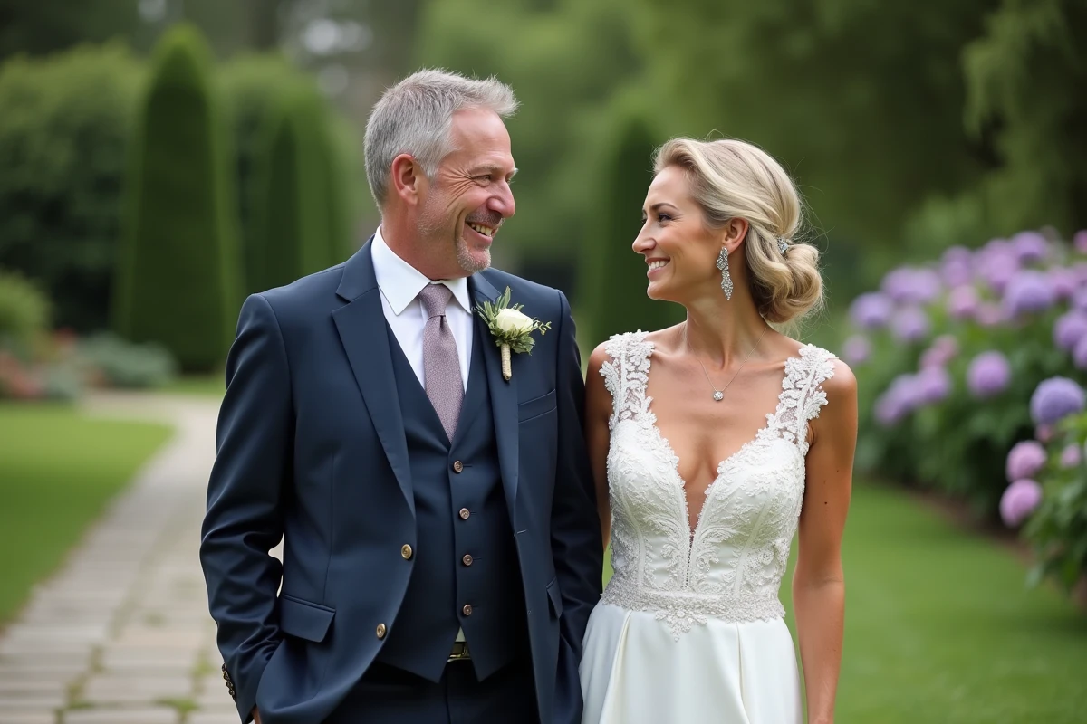 Couple marié dans un jardin élégant lors d'un mariage