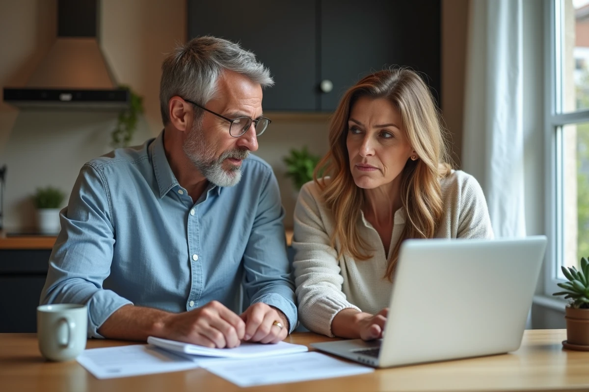Couple français dans la quarantaine regardant des documents