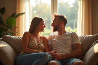Couple marié dans leur 30s assis sur un canapé lumineux