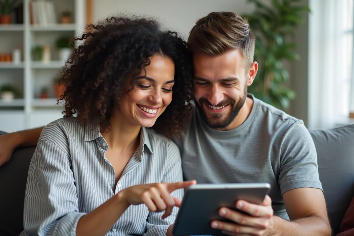 Couple de futurs parents choisissant ensemble un prénom de bébé sur une tablette dans leur salon