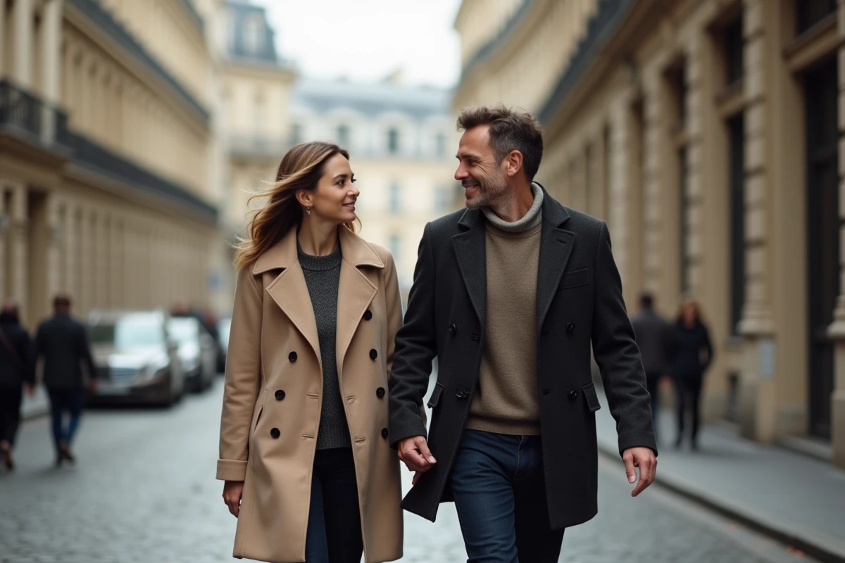 Couple élégant marchant dans les rues de Paris, illustration d'une personnalité médiatique et de son conjoint dans un cadre urbain parisien