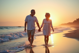 Couple d'âge moyen main dans la main sur la plage au coucher du soleil