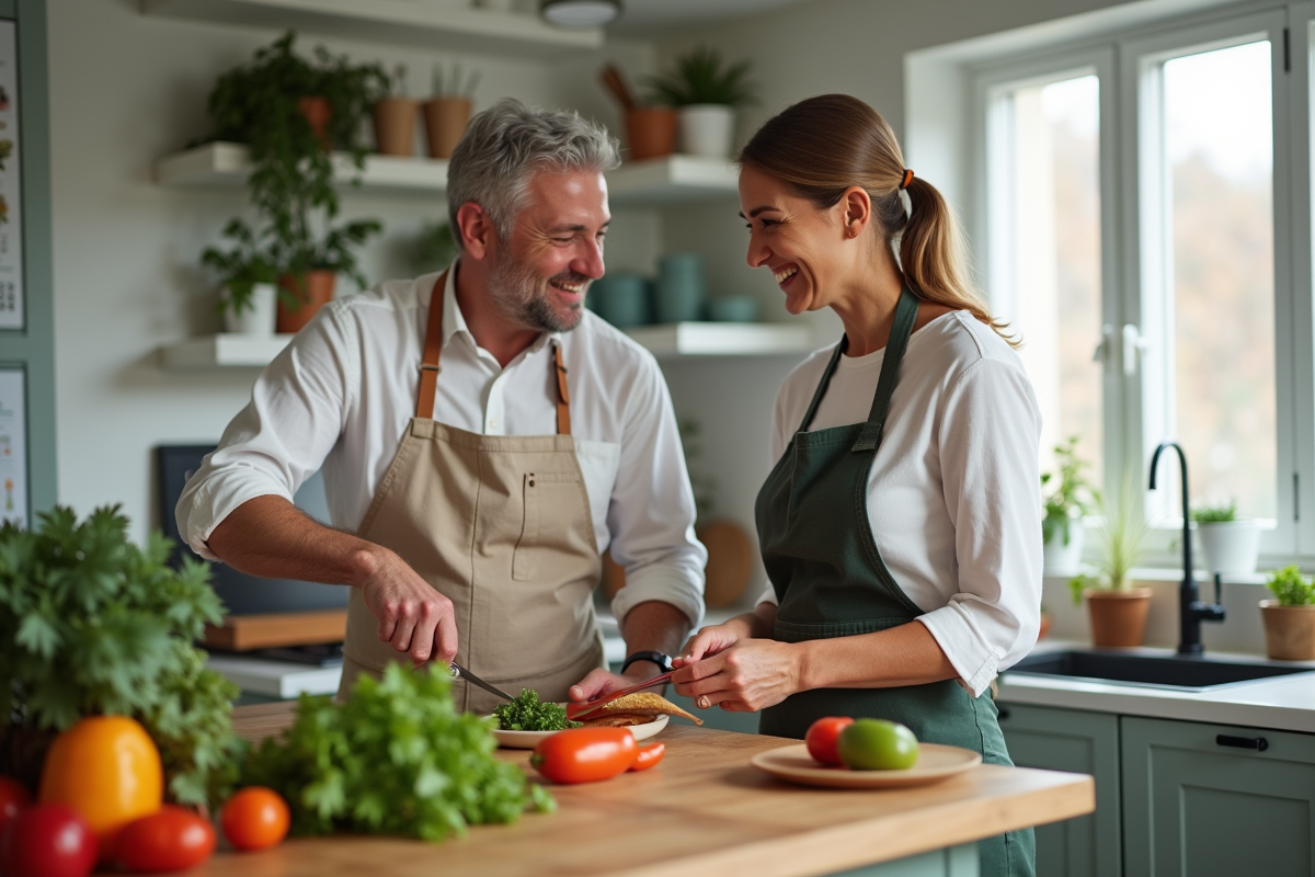 Couple en train de cuisiner ensemble dans une cuisine moderne