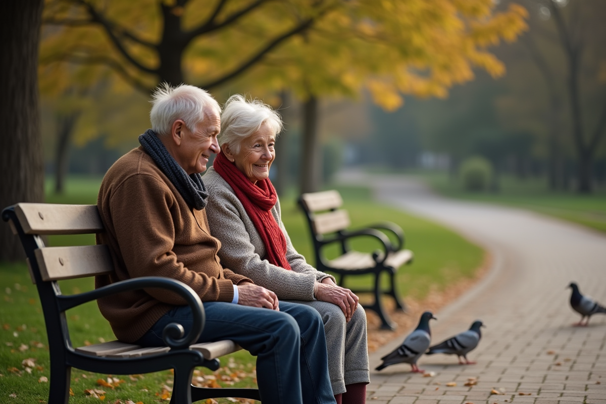 Couple âgé assis sur un banc dans un parc