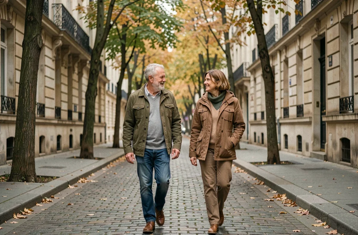 Couple mature se promenant discrètement dans une rue pavée parisienne bordée d'arbres en automne, évoquant la préservation de la vie privée loin des médias