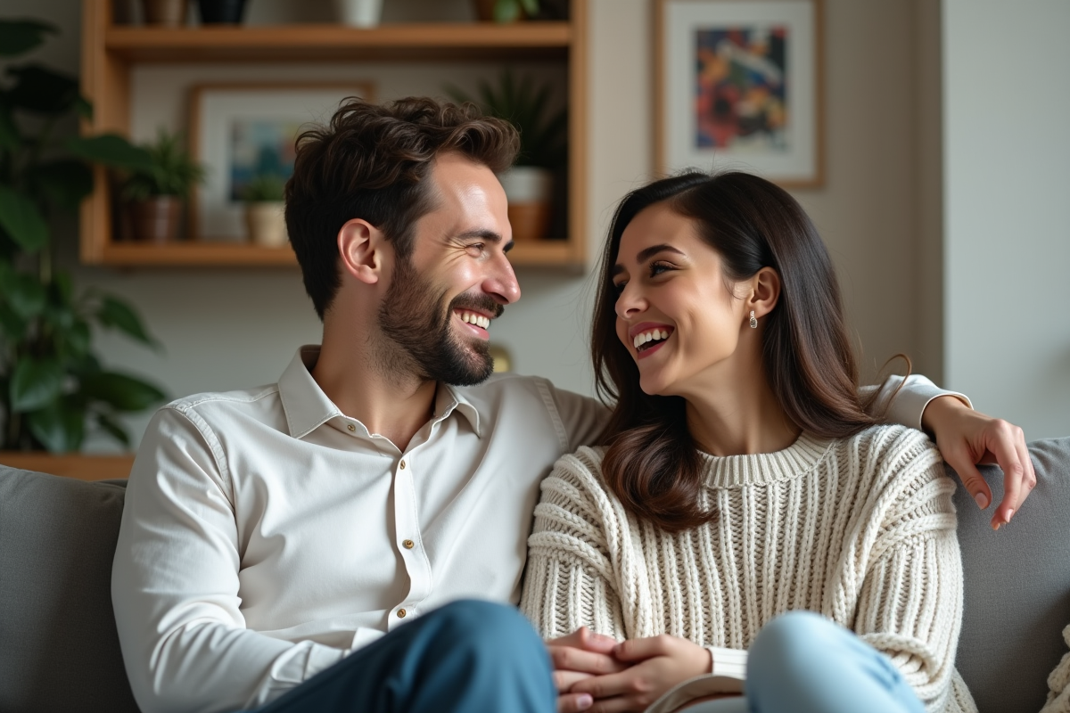 Couple souriant dans un salon cosy et décoré