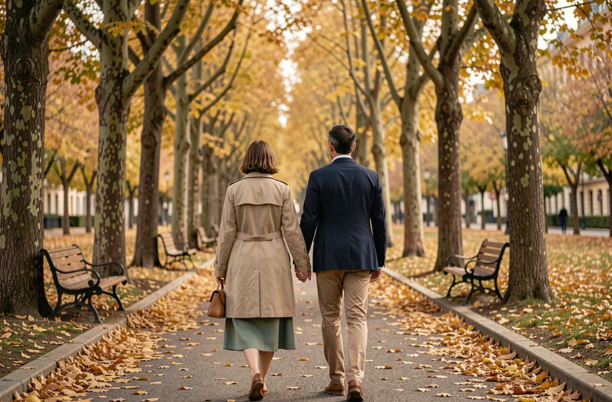 Couple se promenant dans un parc parisien en automne illustrant le respect de la vie privée des personnalités