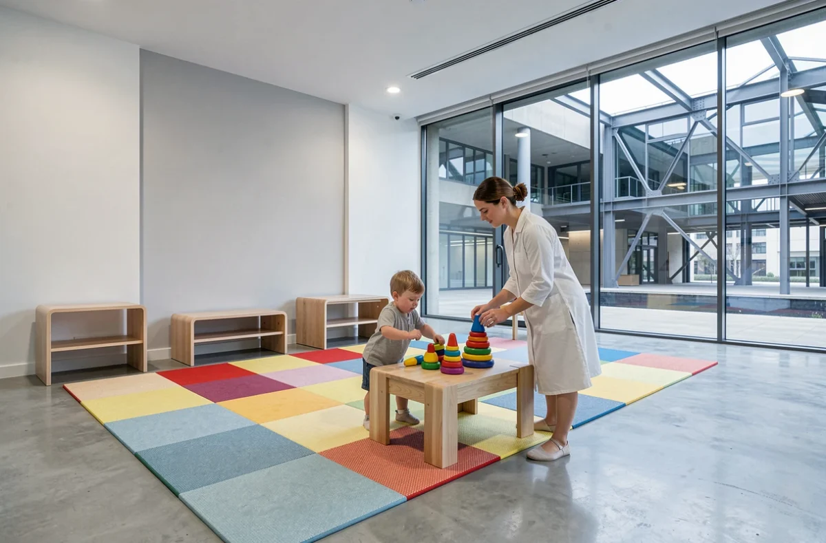 Espace intérieur moderne de la micro-crèche Crechappy Euratechnologies à Lille avec mobilier bas en bois et grande baie vitrée sur le campus technologique