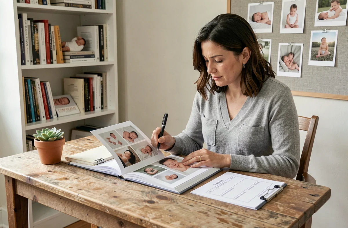 Femme consultant un portfolio de photographes de naissance pour choisir le bon professionnel en Nouvelle-Aquitaine